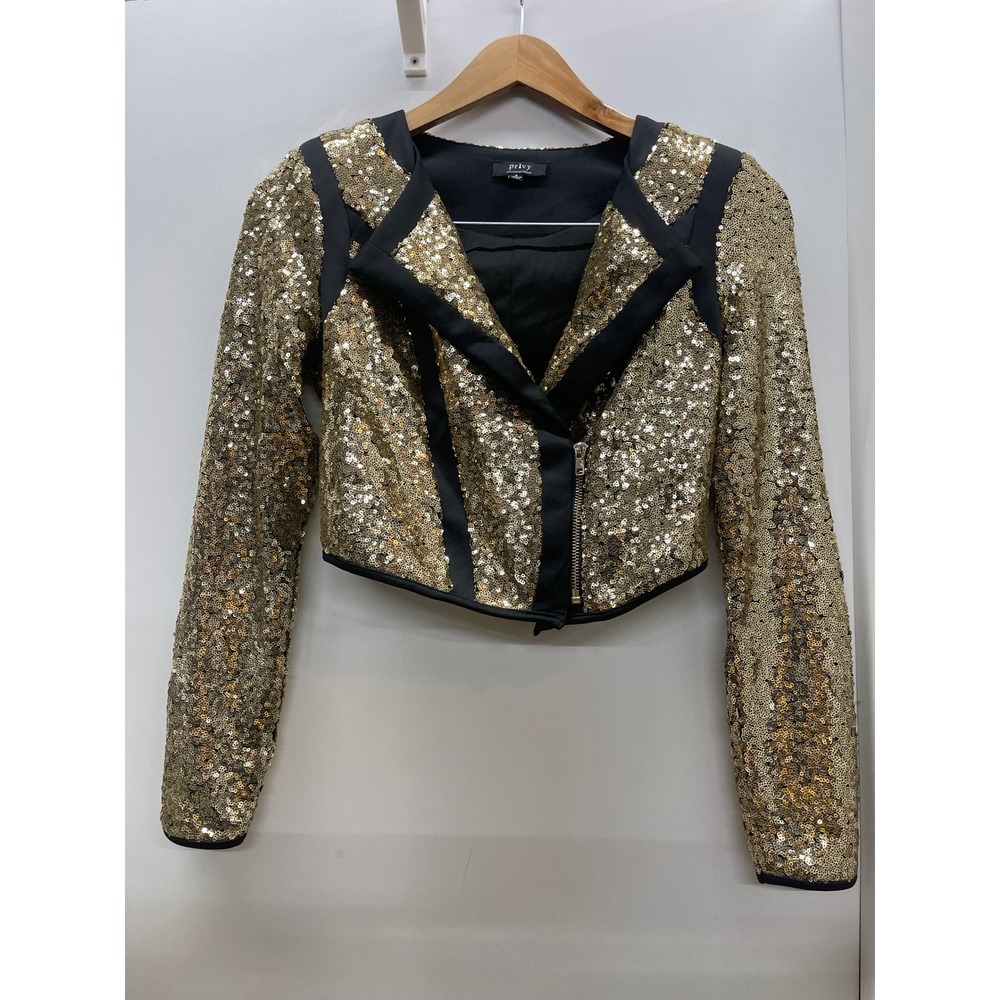 Privy Gold Sequin Cropped Moto Jacket Women Small Black Trim Party Night Out